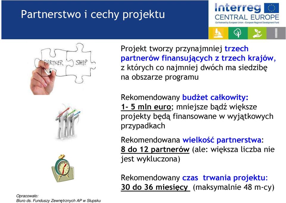 większe projekty będą finansowane w wyjątkowych przypadkach Rekomendowana wielkość partnerstwa: 8 do 12 partnerów