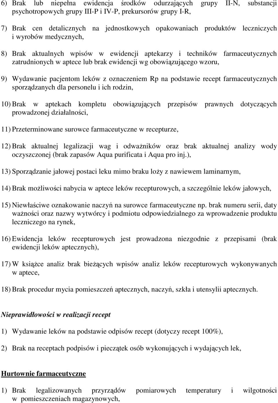 pacjentom leków z oznaczeniem Rp na podstawie recept farmaceutycznych sporządzanych dla personelu i ich rodzin, 10) Brak w aptekach kompletu obowiązujących przepisów prawnych dotyczących prowadzonej