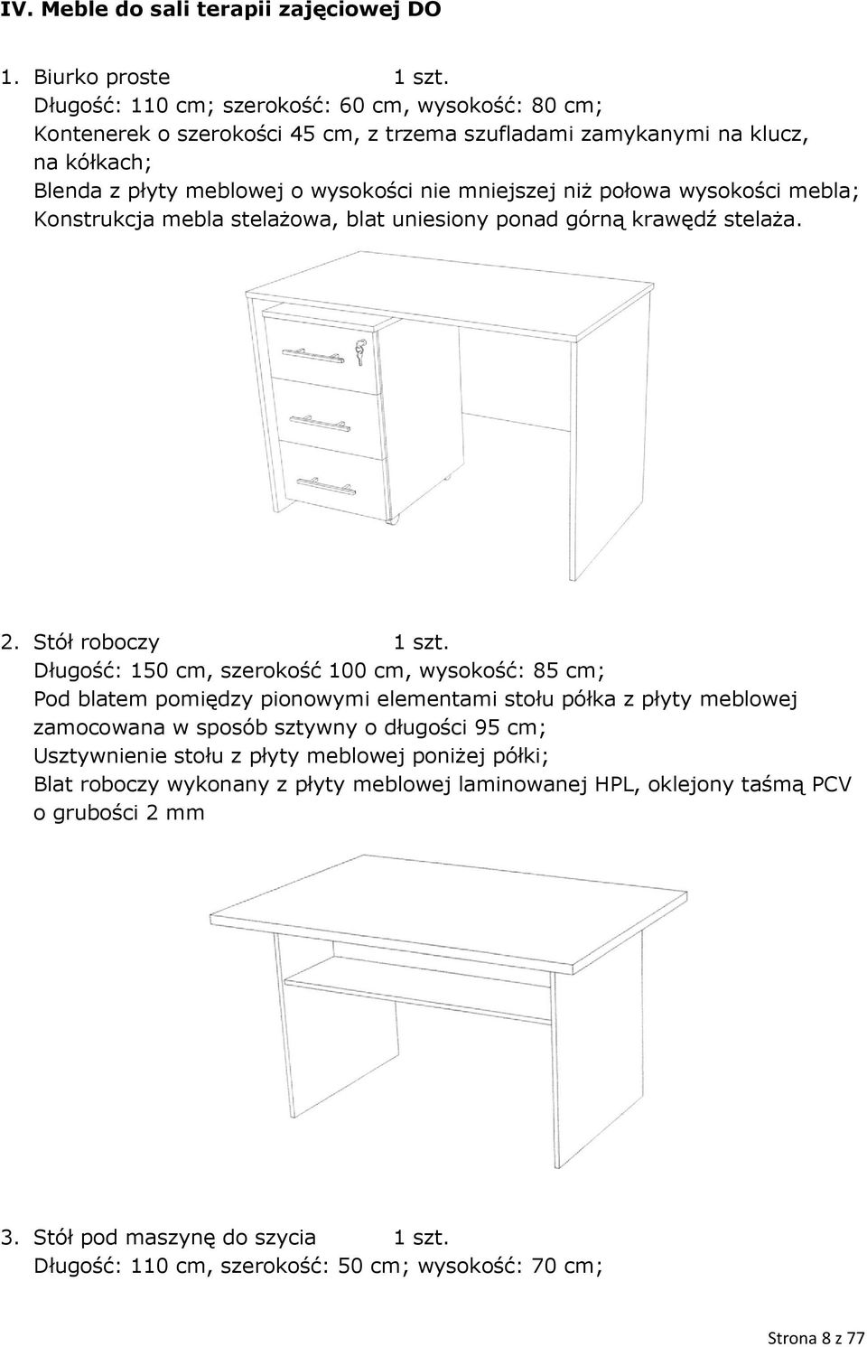 wysokości mebla; Konstrukcja mebla stelażowa, blat uniesiony ponad górną krawędź stelaża. 2. Stół roboczy 1 szt.