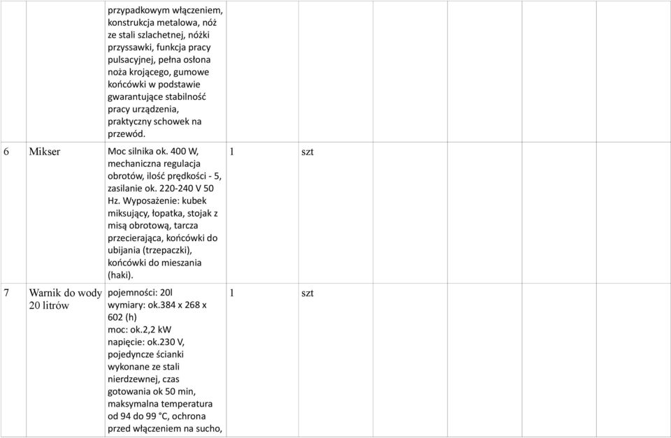 Wyposażenie: kubek miksujący, łopatka, stojak z misą obrotową, tarcza przecierająca, końcówki do ubijania (trzepaczki), końcówki do mieszania (haki).