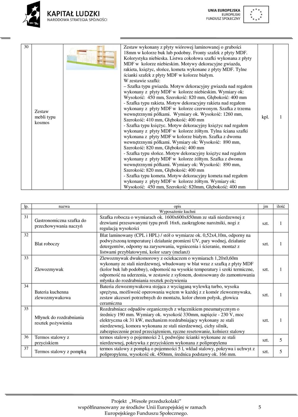 Motyw dekoracyjny kometa nad regałem lp. nazwa opis jm ilość Wyposażenie kuchni 31 robocza o wymiarach ok.