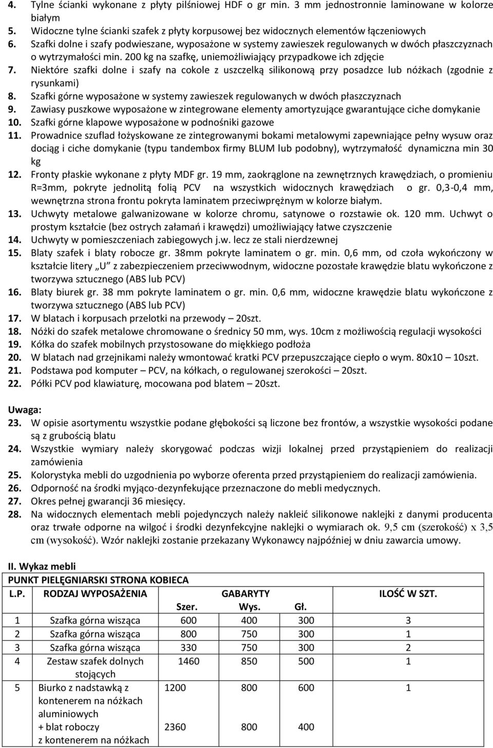 Niektóre szafki dolne i szafy na cokole z uszczelką silikonową przy posadzce lub nóżkach (zgodnie z rysunkami) 8. Szafki górne wyposażone w systemy zawieszek regulowanych w dwóch płaszczyznach 9.
