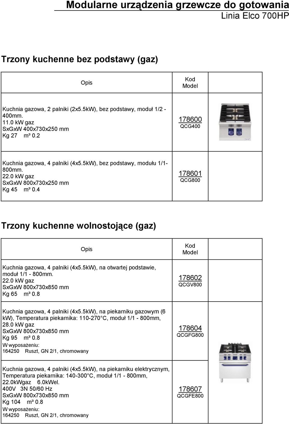 4 178601 QCG800 Trzony kuchenne wolnostojące (gaz) Kuchnia gazowa, 4 palniki (4x5.5kW), na otwartej podstawie, moduł 1/1-800mm. 22.0 kw gaz Kg 65 m³ 0.8 178602 QCGV800 Kuchnia gazowa, 4 palniki (4x5.
