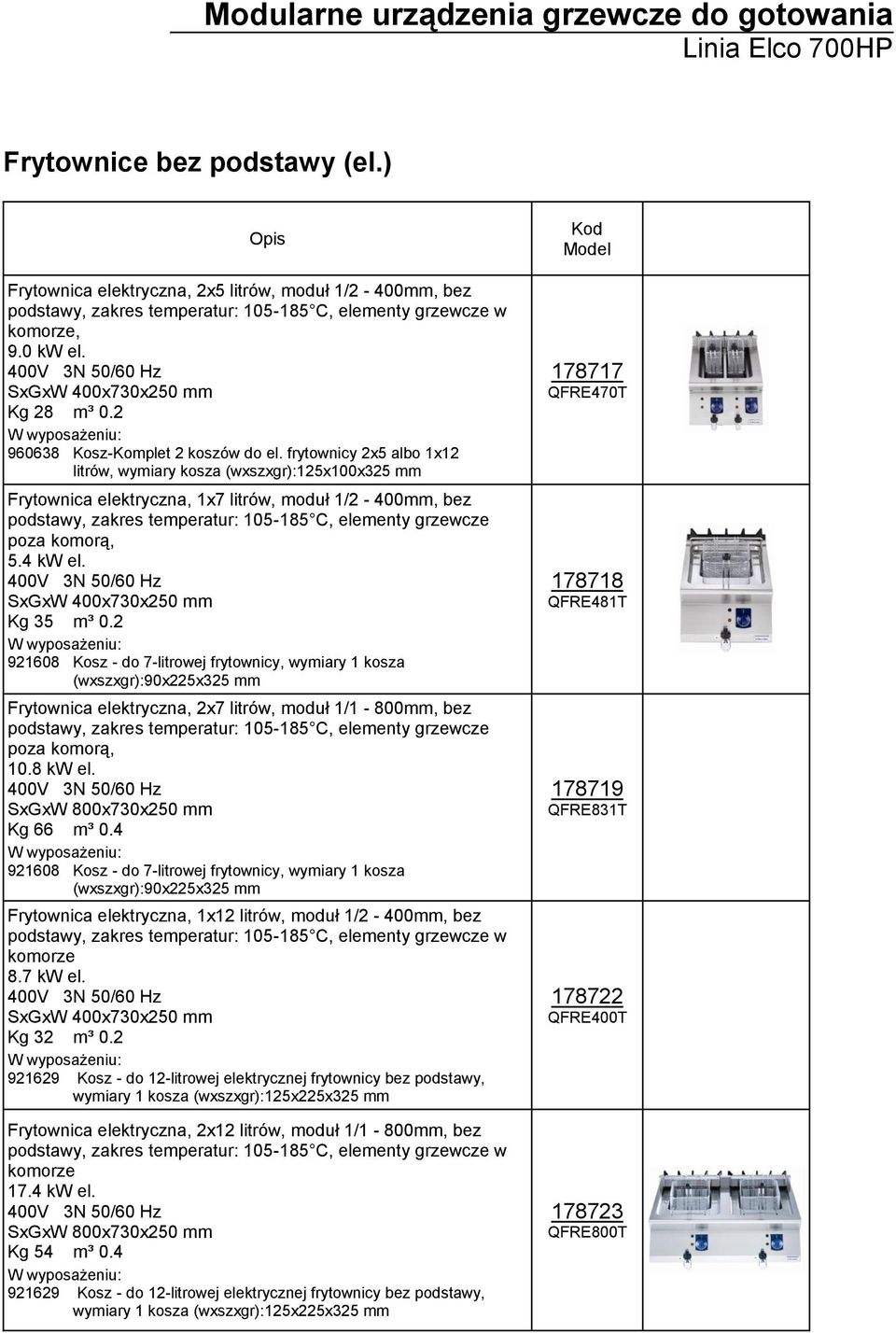 frytownicy 2x5 albo 1x12 litrów, wymiary kosza (wxszxgr):125x100x325 mm Frytownica elektryczna, 1x7 litrów, moduł 1/2-400mm, bez podstawy, zakres temperatur: 105-185 C, elementy grzewcze poza komorą,