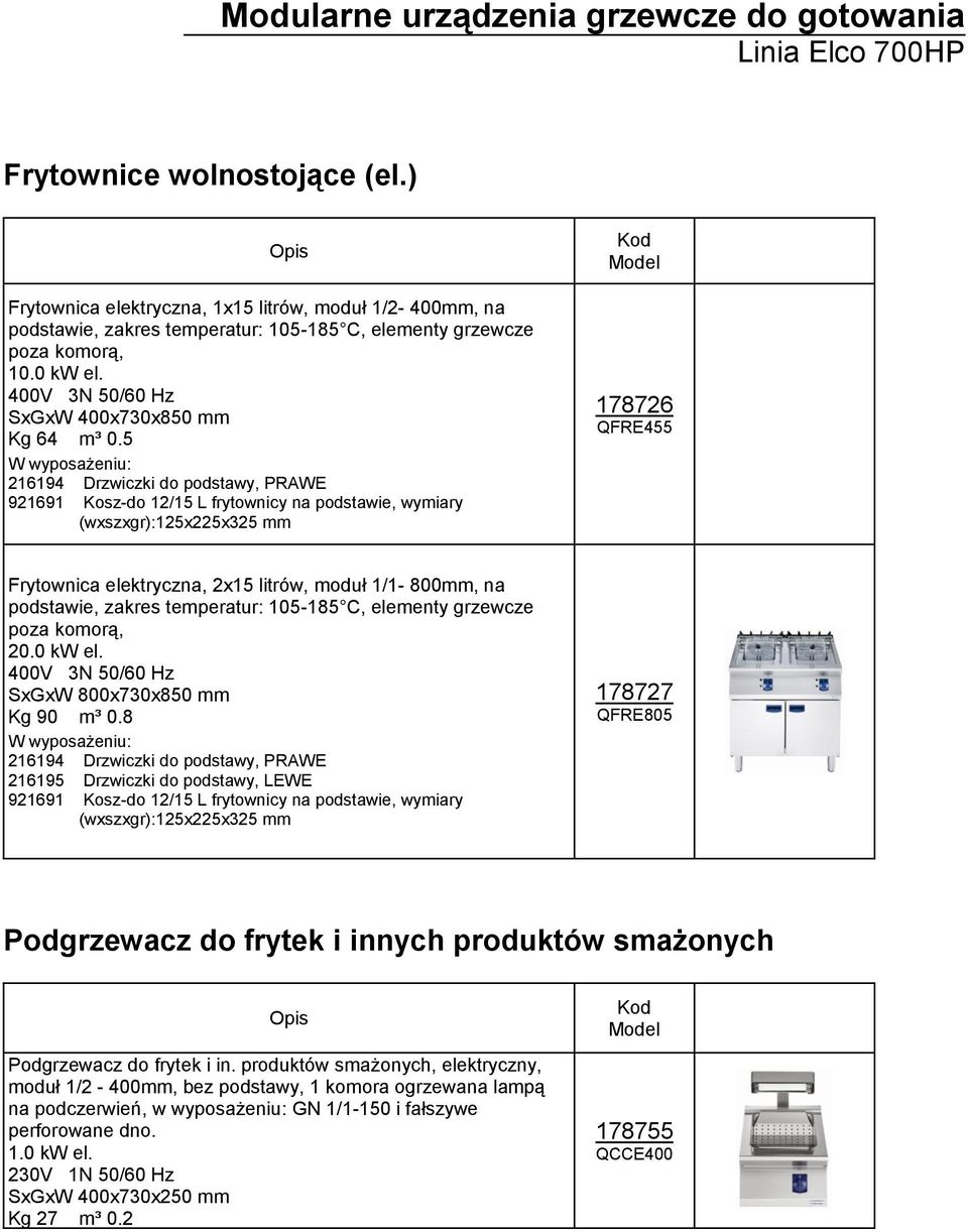 5 921691 Kosz-do 12/15 L frytownicy na podstawie, wymiary (wxszxgr):125x225x325 mm 178726 QFRE455 Frytownica elektryczna, 2x15 litrów, moduł 1/1-800mm, na podstawie, zakres temperatur: 105-185 C,