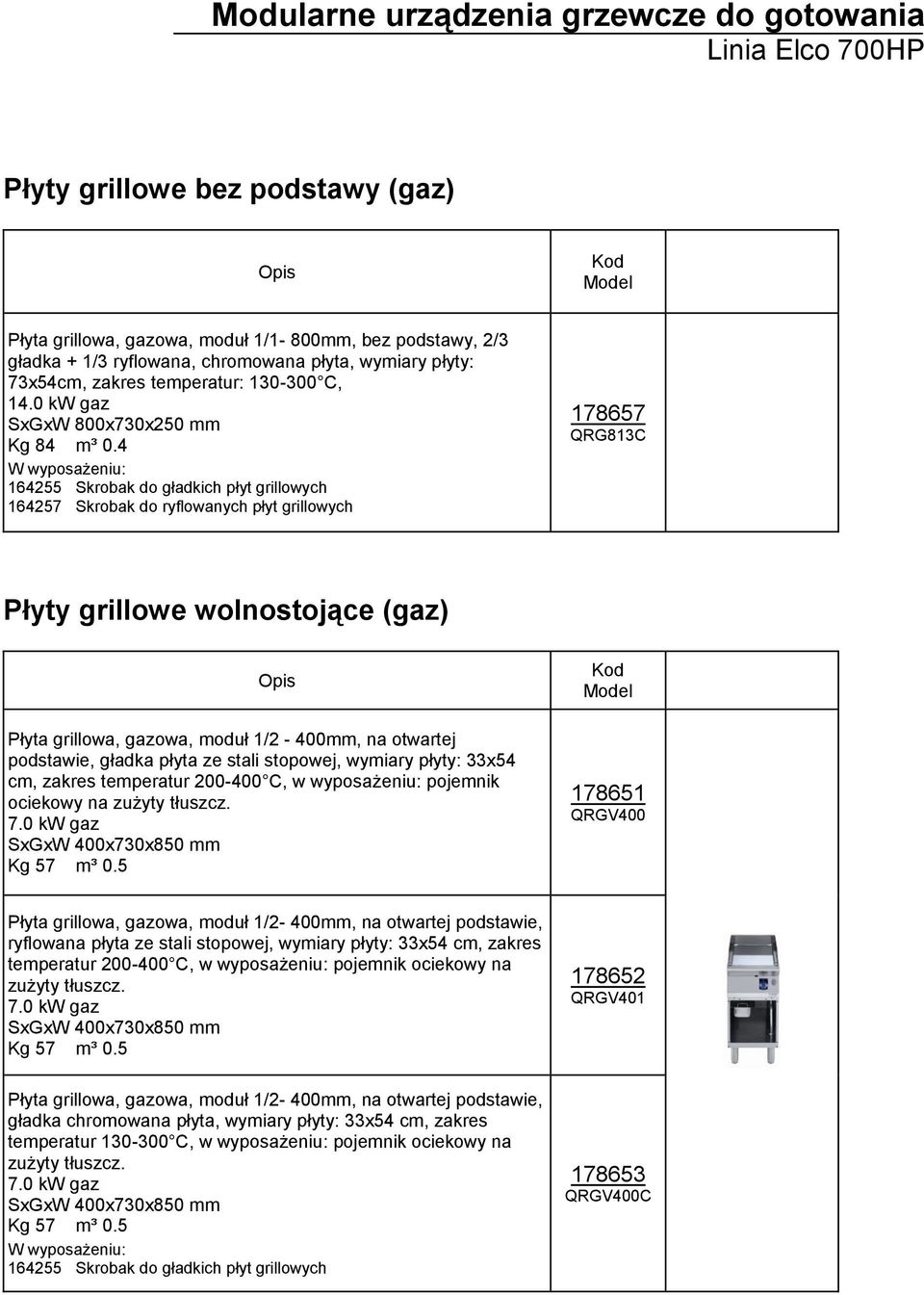 4 164255 Skrobak do gładkich płyt grillowych 164257 Skrobak do ryflowanych płyt grillowych 178657 QRG813C Płyty grillowe wolnostojące (gaz) Płyta grillowa, gazowa, moduł 1/2-400mm, na otwartej