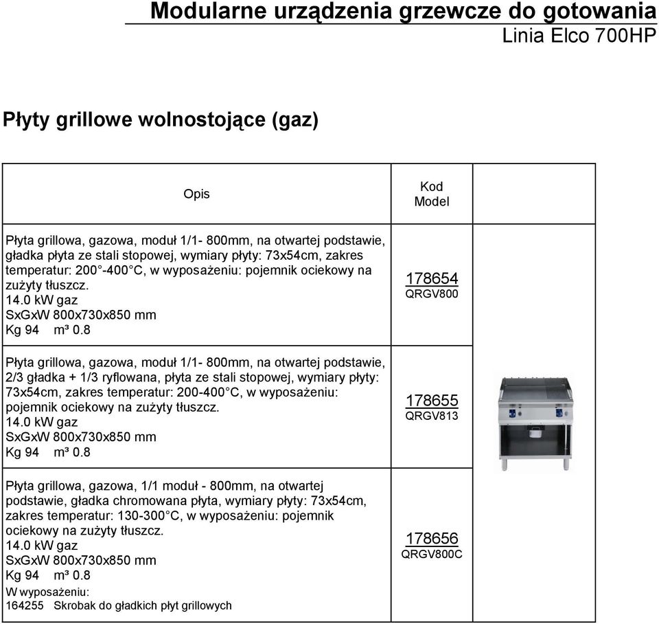 8 Płyta grillowa, gazowa, moduł 1/1-800mm, na otwartej podstawie, 2/3 gładka + 1/3 ryflowana, płyta ze stali stopowej, wymiary płyty: 73x54cm, zakres temperatur: 200-400 8 Płyta grillowa, gazowa, 1/1