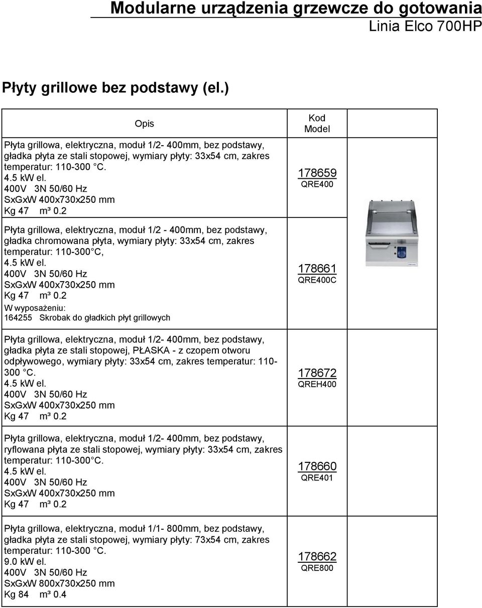 2 Płyta grillowa, elektryczna, moduł 1/2-400mm, bez podstawy, gładka chromowana płyta, wymiary płyty: 33x54 cm, zakres temperatur: 110-300 C, 4.