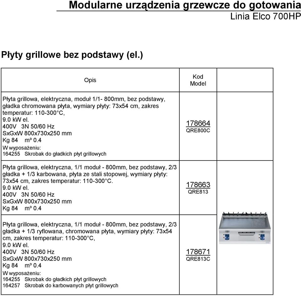 4 164255 Skrobak do gładkich płyt grillowych Płyta grillowa, elektryczna, 1/1 moduł - 800mm, bez podstawy, 2/3 gładka + 1/3 karbowana, płyta ze stali stopowej, wymiary płyty: 73x54 cm, zakres