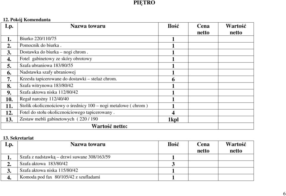 Szafa aktowa niska 112/80/42 1 10. Regał naroŝny 112/40/40 1 11. Stolik okolicznościowy o średnicy 100 nogi metalowe ( chrom ) 1 12.