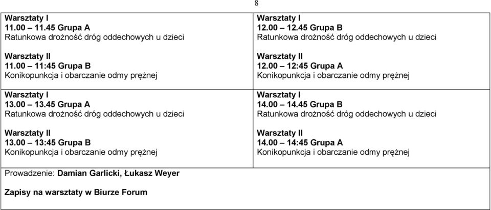 45 Grupa B Ratunkowa drożność dróg oddechowych u dzieci Warsztaty II 12.00 12:45 Grupa A Konikopunkcja i obarczanie odmy prężnej Warsztaty I 14.00 14.