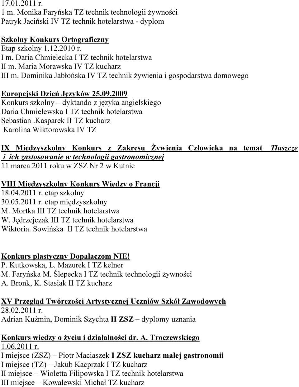 2009 Konkurs szkolny dyktando z języka angielskiego Daria Chmielewska I TZ technik hotelarstwa Sebastian.