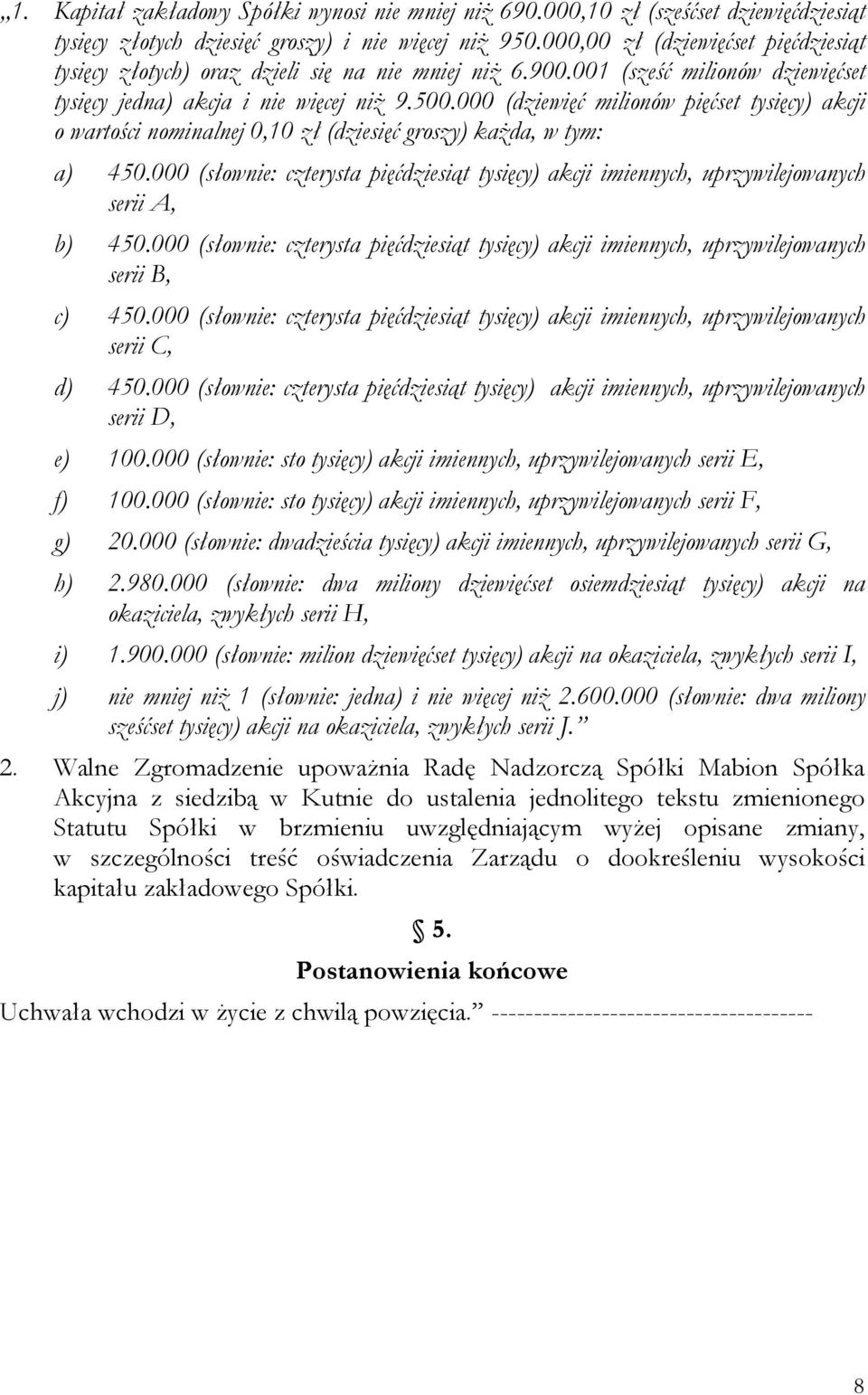 000 (dziewięć milionów pięćset tysięcy) akcji o wartości nominalnej 0,10 zł (dziesięć groszy) każda, w tym: a) 450.