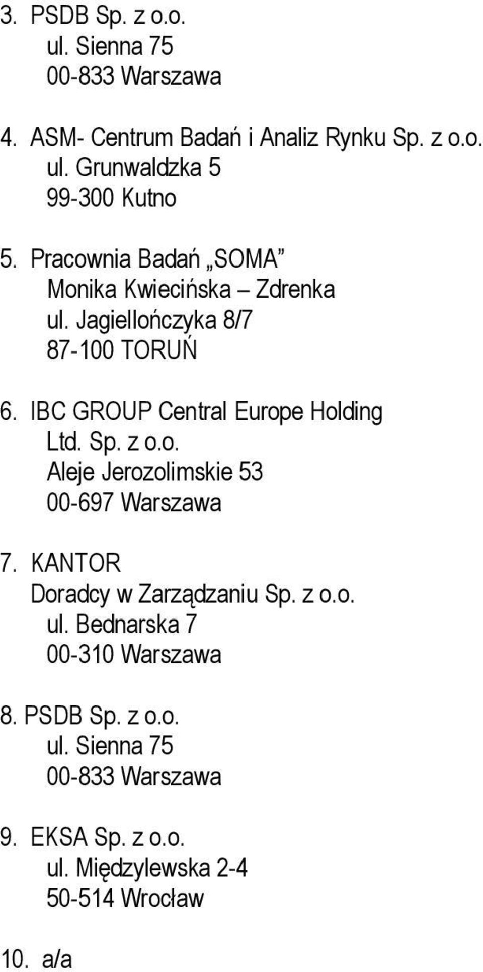 IBC GROUP Central Europe Holding Ltd. Sp. z o.o. Aleje Jerozolimskie 53 00-697 Warszawa 7.