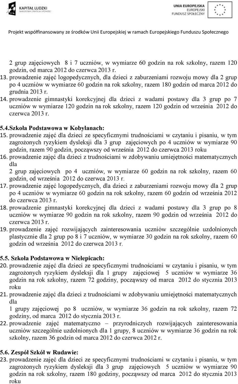 prowadzenie gimnastyki korekcyjnej dzieci z wadami postawy 3 grup po 7 uczniów w wymiarze 120 godzin na rok szkolny, razem 120 godzin od września 2012 do czerwca 2013 r. 5.4.