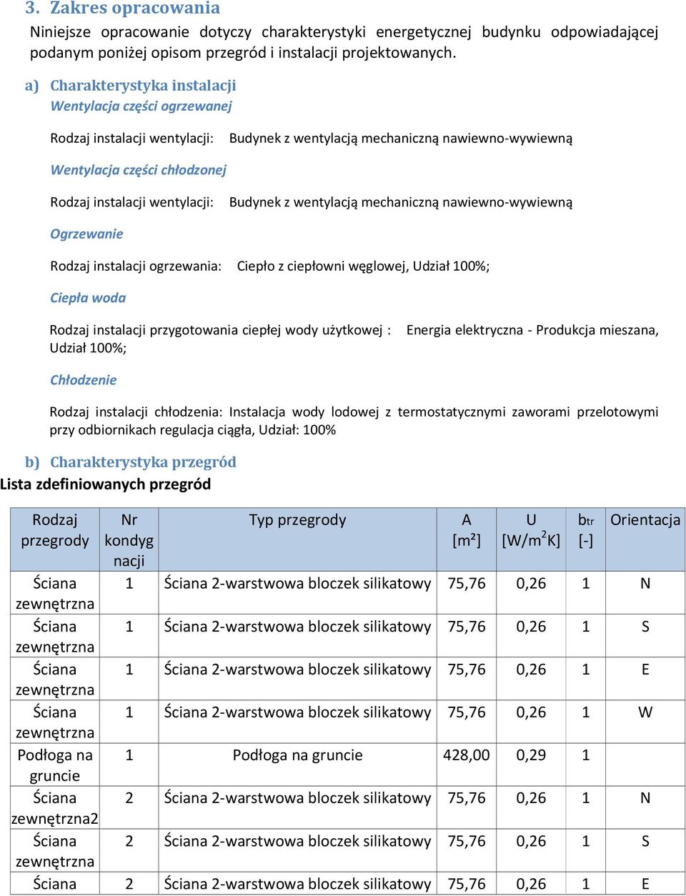 Budynek z wentylacją mechaniczną nawiewno-wywiewną Ogrzewanie Rodzaj instalacji ogrzewania: Ciepło z ciepłowni węglowej, Udział 100%; Ciepła woda Rodzaj instalacji przygotowania ciepłej wody