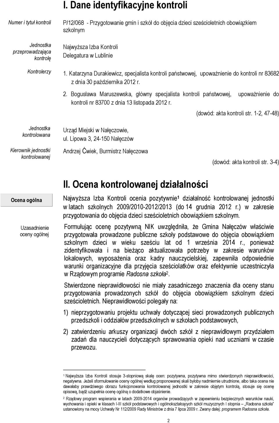 12 r. 2. Bogusława Maruszewska, główny specjalista kontroli państwowej, upoważnienie do kontroli nr 83700 z dnia 13 listopada 2012 r. (dowód: akta kontroli str.