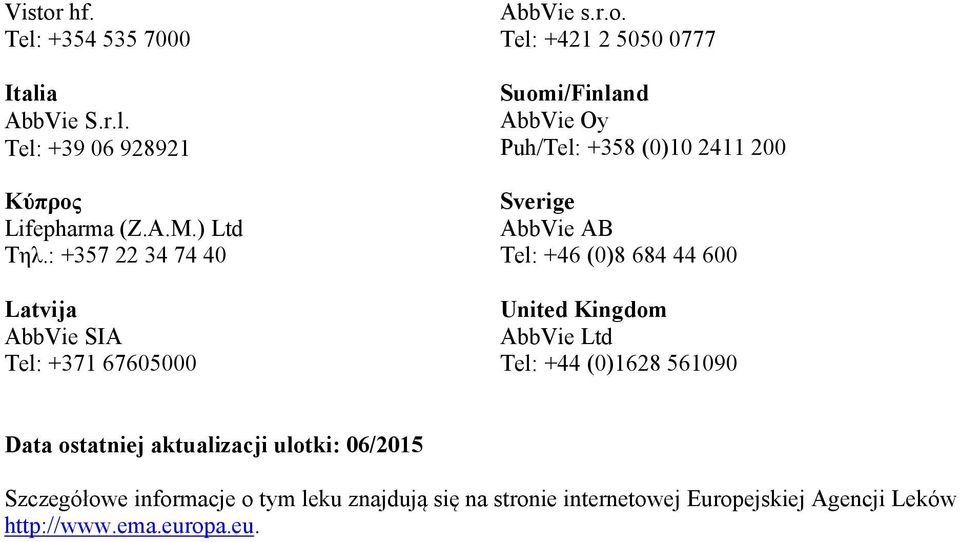 Tel: +421 2 5050 0777 Suomi/Finland AbbVie Oy Puh/Tel: +358 (0)10 2411 200 Sverige AbbVie AB Tel: +46 (0)8 684 44 600 United