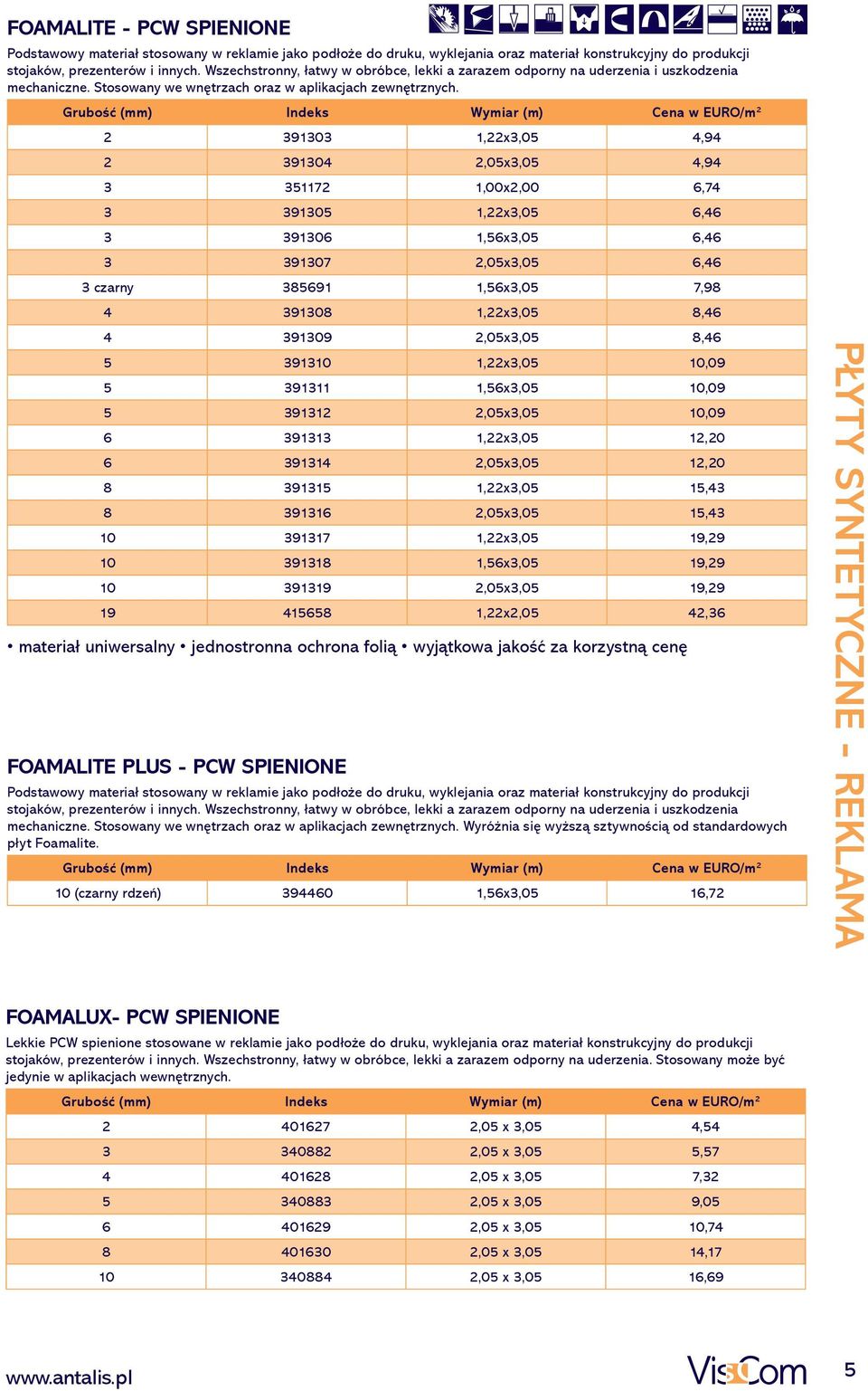 Grubość (mm) Indeks Wymiar (m) Cena w EURO/m 2 2 391303 1,22x3,05 4,94 2 391304 2,05x3,05 4,94 3 351172 1,00x2,00 6,74 3 391305 1,22x3,05 6,46 3 391306 1,56x3,05 6,46 3 391307 2,05x3,05 6,46 3 czarny