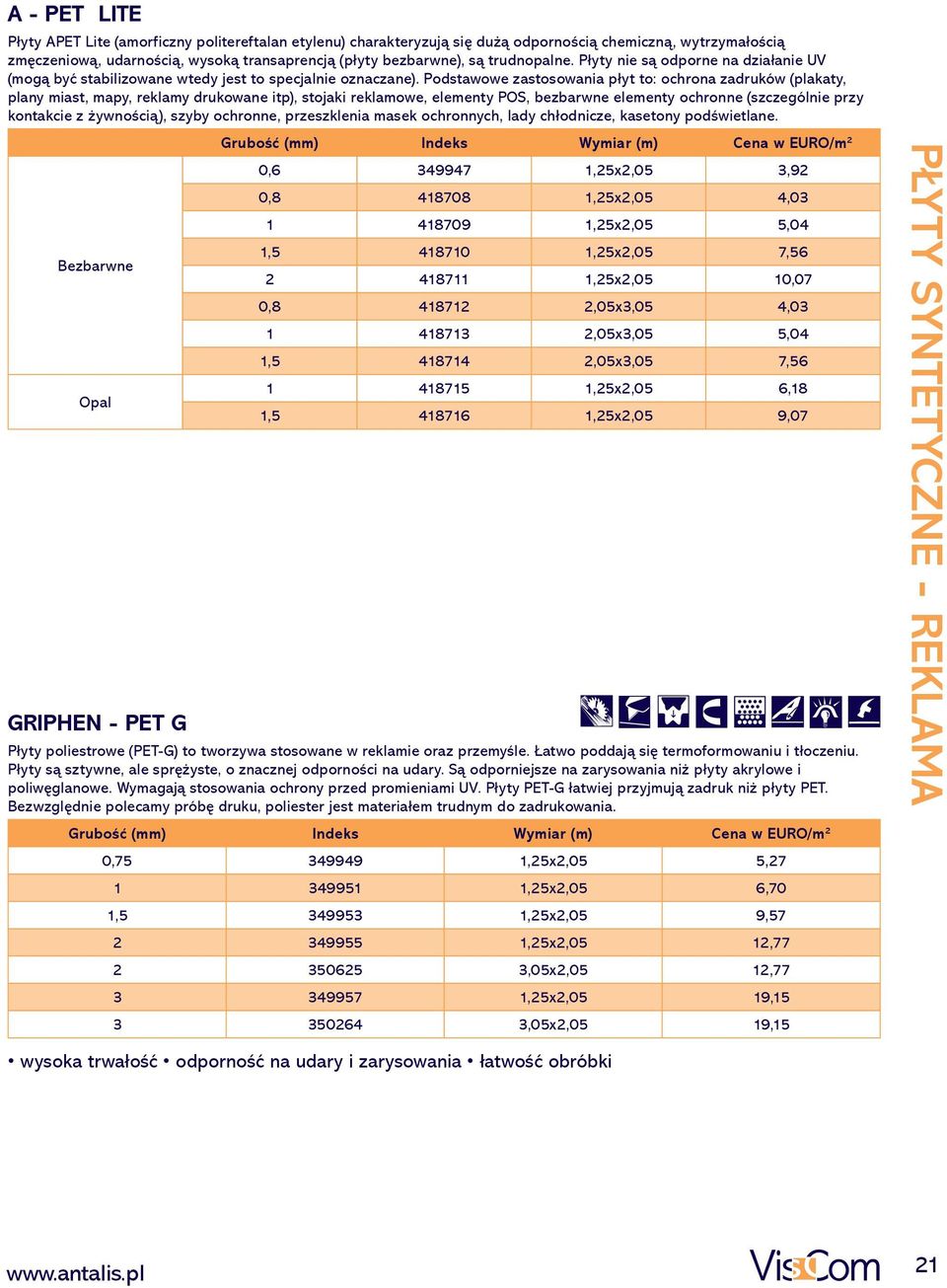 Podstawowe zastosowania płyt to: ochrona zadruków (plakaty, plany miast, mapy, reklamy drukowane itp), stojaki reklamowe, elementy POS, bezbarwne elementy ochronne (szczególnie przy kontakcie z