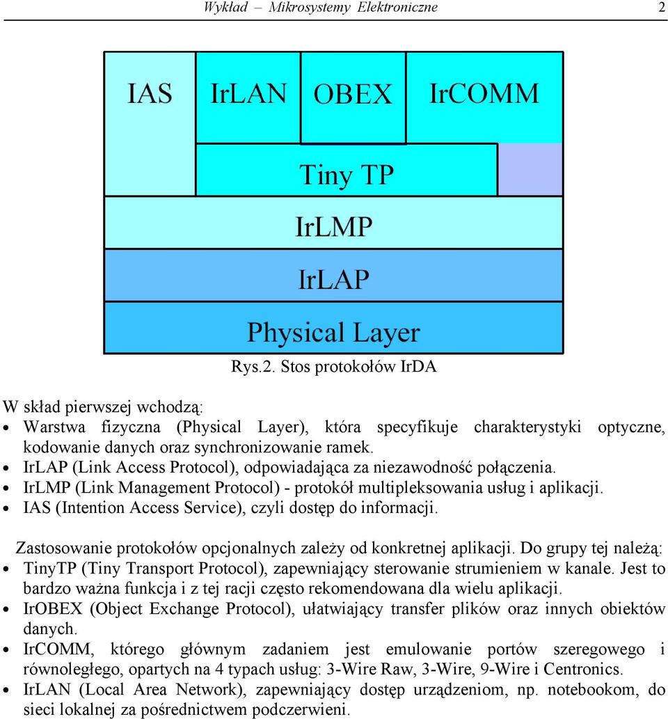 IrLAP (Link Access Protocol), odpowiadająca za niezawodność połączenia. IrLMP (Link Management Protocol) - protokół multipleksowania usług i aplikacji.