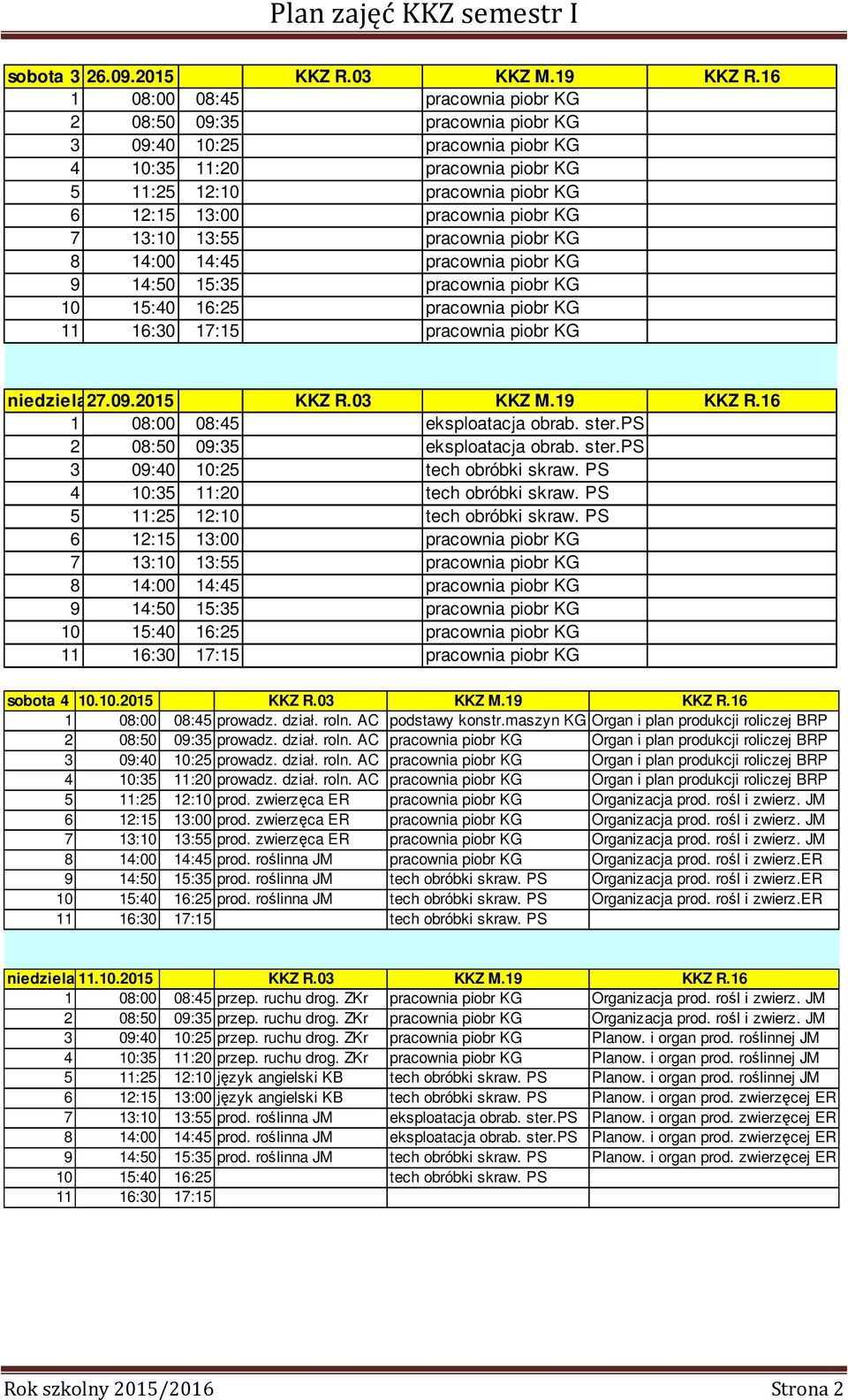 KG 7 13:10 13:55 pracownia piobr KG 8 14:00 14:45 pracownia piobr KG pracownia piobr KG niedziela27.09.2015 KKZ R.03 KKZ M.19 KKZ R.16 1 08:00 08:45 eksploatacja obrab. ster.