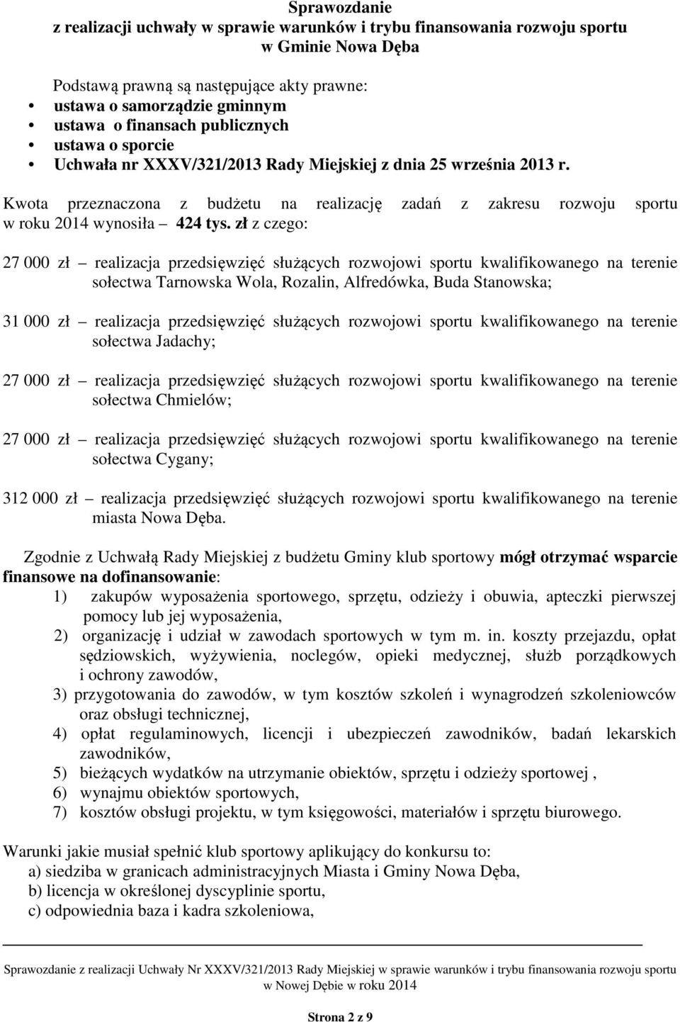 zł z czego: 27 000 zł realizacja przedsięwzięć służących rozwojowi sportu kwalifikowanego na terenie sołectwa Tarnowska Wola, Rozalin, Alfredówka, Buda Stanowska; 31 000 zł realizacja przedsięwzięć