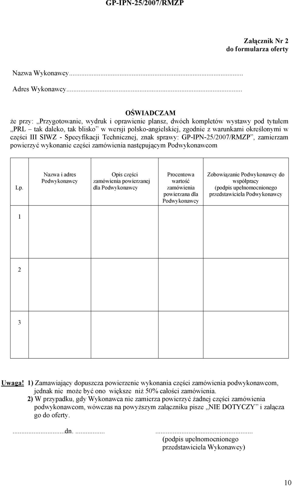 III SIWZ - Specyfikacji Technicznej, znak sprawy: GP-IPN-25/2007/RMZP, zamierzam powierzyć wykonanie części zamówienia następującym Podwykonawcom Lp.