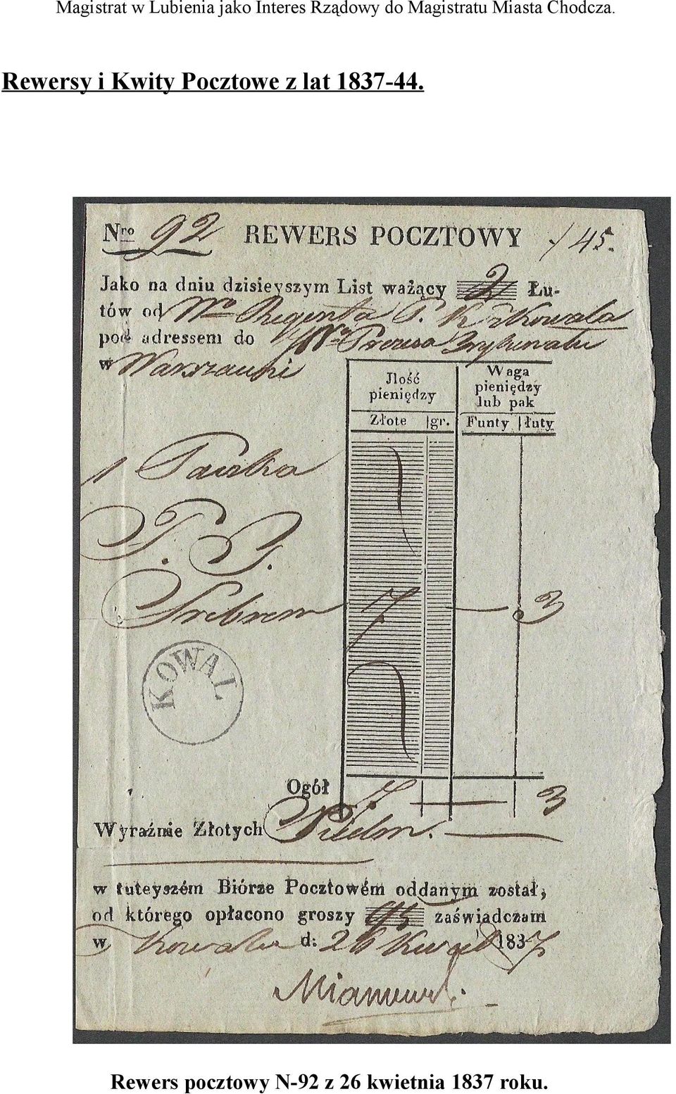 Rewersy i Kwity Pocztowe z lat 1837-44.