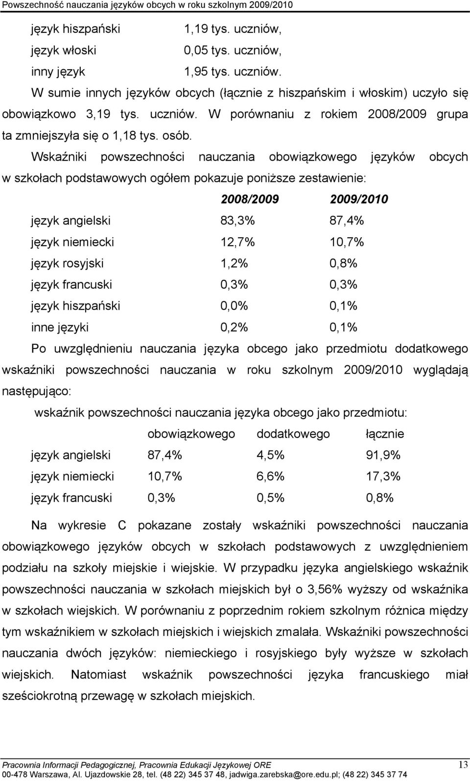 Wskaźniki powszechności nauczania obowiązkowego języków obcych w szkołach podstawowych ogółem pokazuje poniższe zestawienie: 2008/2009 2009/2010 język angielski 83,3% 87,4% język niemiecki 12,7%