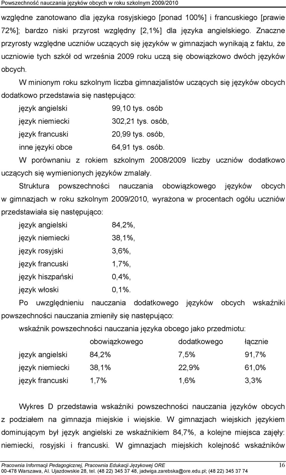 W minionym roku szkolnym liczba gimnazjalistów uczących się języków obcych dodatkowo przedstawia się następująco: język angielski 99,10 tys. osób język niemiecki 302,21 tys.