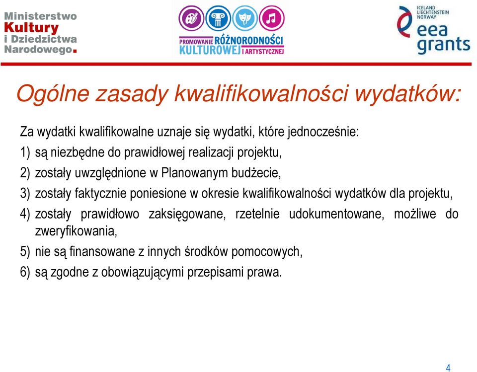 poniesione w okresie kwalifikowalności wydatków dla projektu, 4) zostały prawidłowo zaksięgowane, rzetelnie