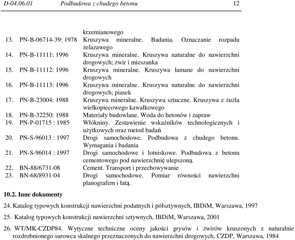 Kruszywa naturalne do nawierzchni drogowych; piasek 17. PN-B-23004: 1988 Kruszywa mineralne. Kruszywa sztuczne. Kruszywa z żużla wielkopiecowego kawałkowego 18. PN-B-32250: 1988 Materiały budowlane.