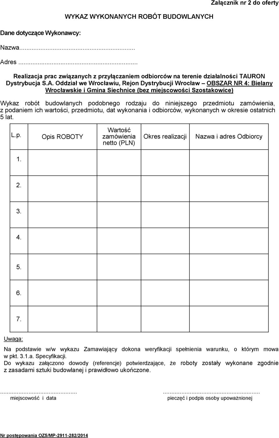 przedmiotu zamówienia, z podaniem ich wartości, przedmiotu, dat wykonania i odbiorców, wykonanych w okresie ostatnich 5 lat. L.p. Opis ROBOTY Wartość zamówienia netto (PLN) Okres realizacji Nazwa i adres Odbiorcy 1.