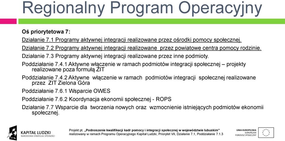 1 Aktywne włączenie w ramach podmiotów integracji społecznej projekty realizowane poza formułą ZIT Poddziałanie 7.4.