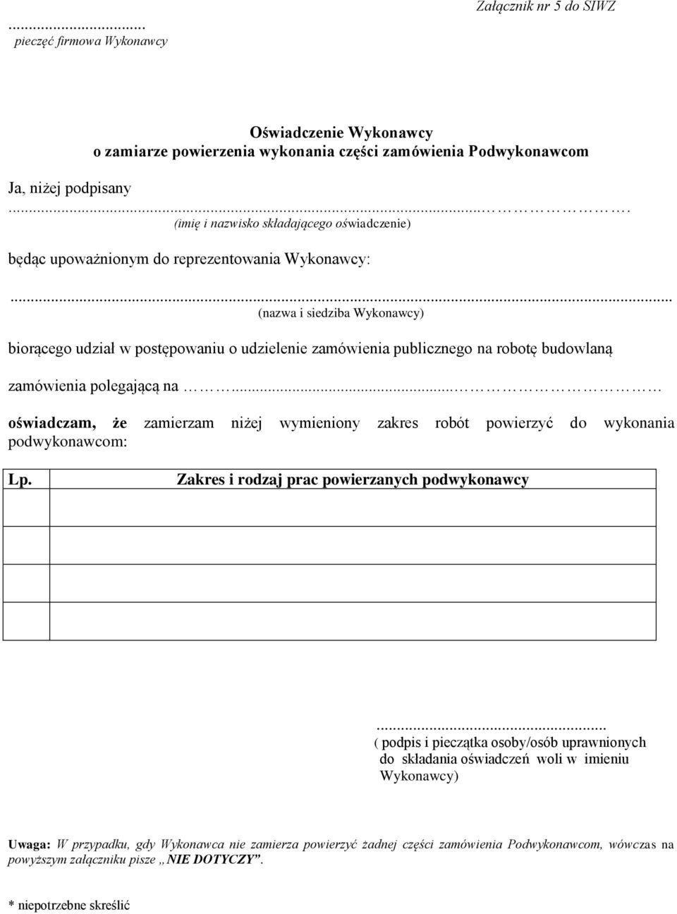 .. (nazwa i siedziba Wykonawcy) biorącego udział w postępowaniu o udzielenie zamówienia publicznego na robotę budowlaną zamówienia polegającą na.