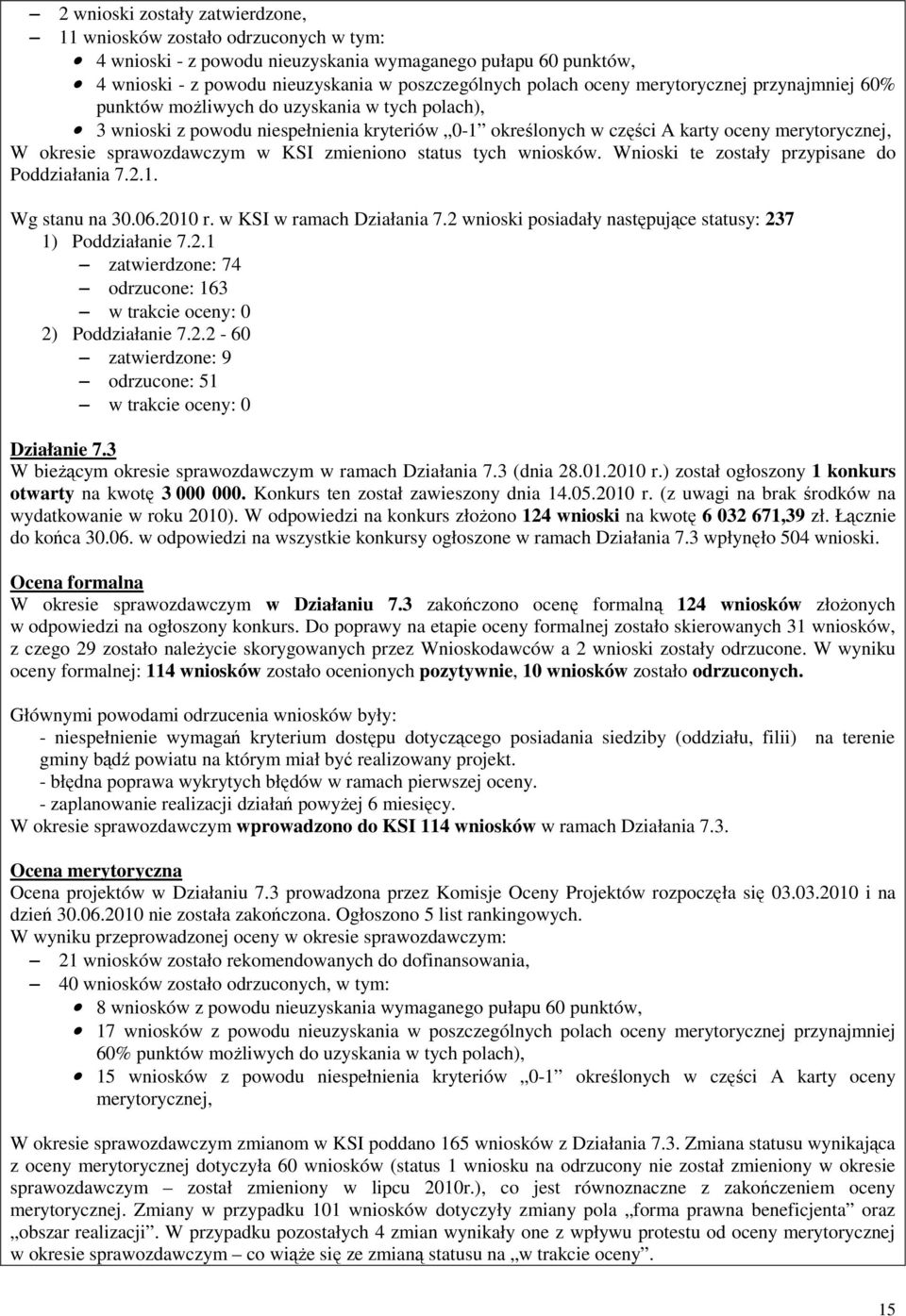 w KSI zmieniono status tych wniosków. Wnioski te zostały przypisane do Poddziałania 7.2.1. Wg stanu na 30.06.2010 r. w KSI w ramach Działania 7.