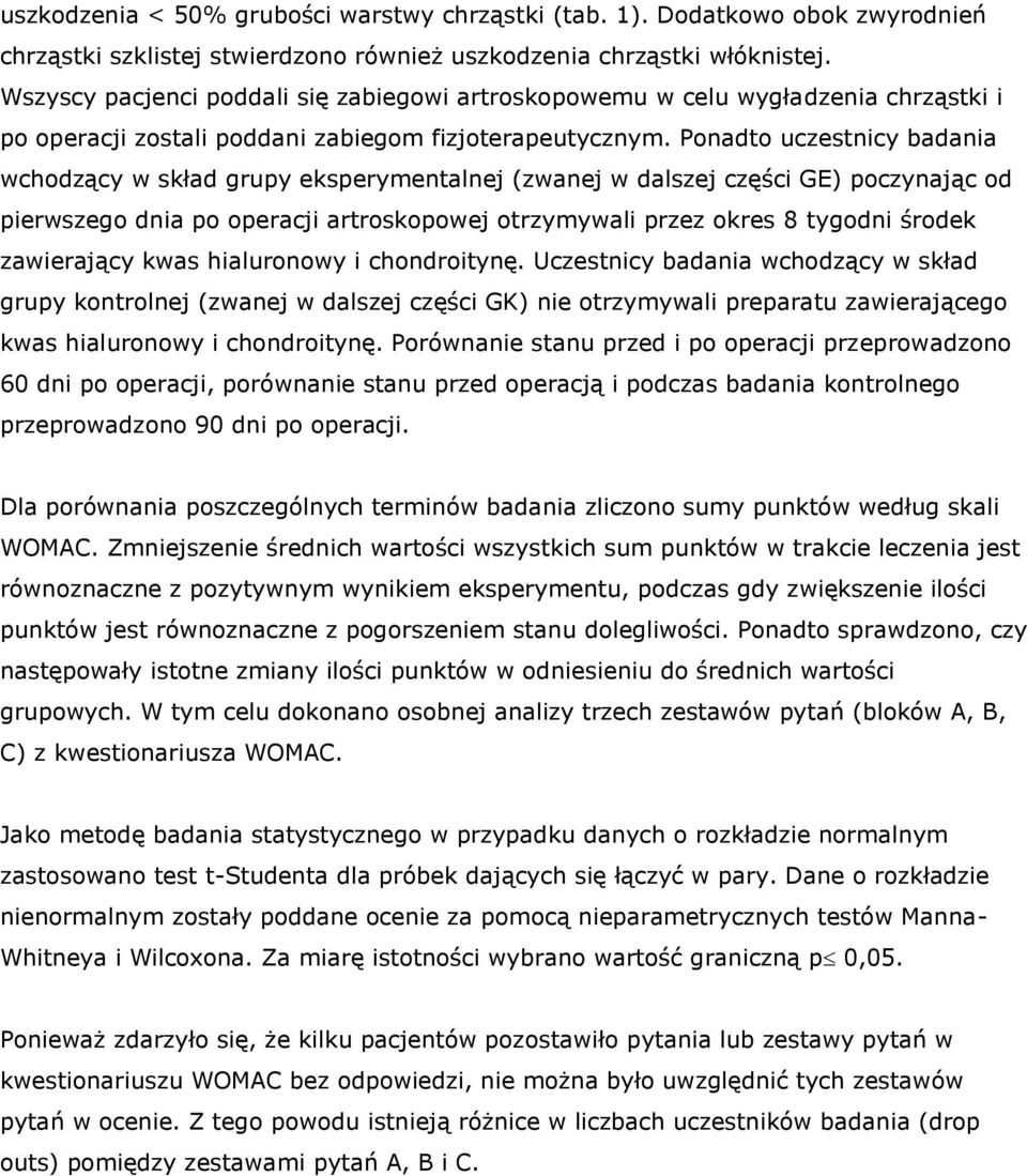 Ponadto uczestnicy badania wchodzący w skład grupy eksperymentalnej (zwanej w dalszej części GE) poczynając od pierwszego dnia po operacji artroskopowej otrzymywali przez okres 8 tygodni środek