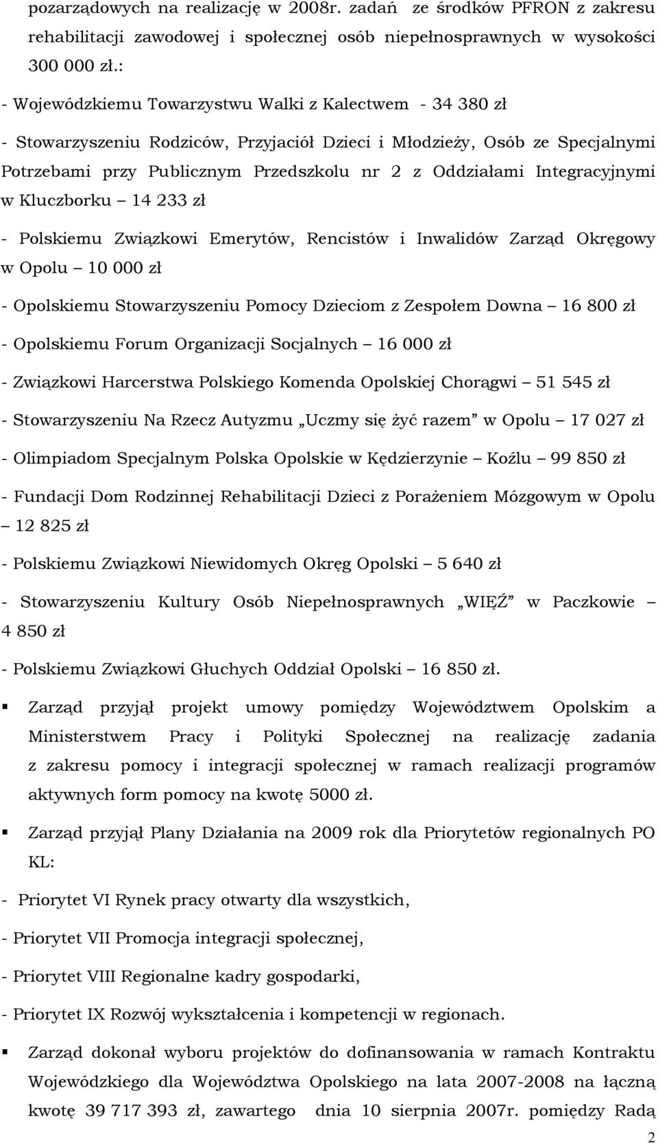 Integracyjnymi w Kluczborku 14 233 zł - Polskiemu Związkowi Emerytów, Rencistów i Inwalidów Zarząd Okręgowy w Opolu 10 000 zł - Opolskiemu Stowarzyszeniu Pomocy Dzieciom z Zespołem Downa 16 800 zł -