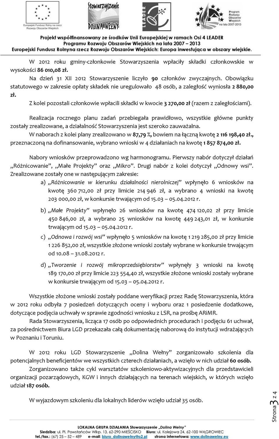 Realizacja rocznego planu zadań przebiegała prawidłowo, wszystkie główne punkty zostały zrealizowane, a działalność Stowarzyszenia jest szeroko zauważalna.