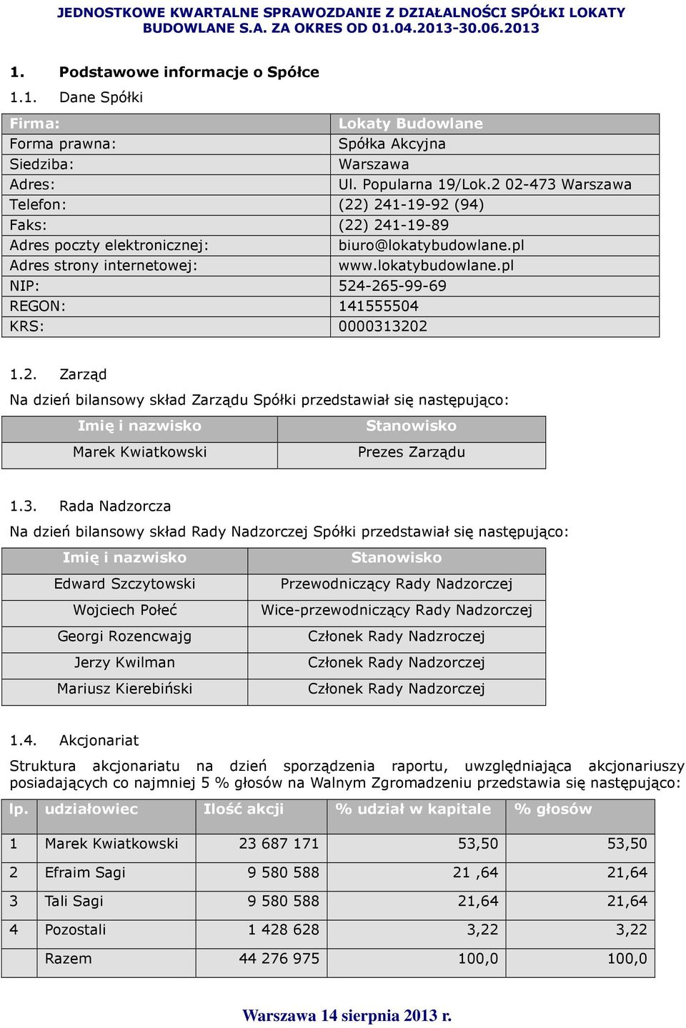 3. Rada Nadzorcza Na dzień bilansowy skład Rady Nadzorczej Spółki przedstawiał się następująco: Imię i nazwisko Edward Szczytowski Wojciech Połeć Georgi Rozencwajg Jerzy Kwilman Mariusz Kierebiński