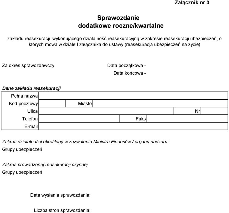 końcowa - Dane zakładu reasekuracji Pełna nazwa Kod pocztowy Ulica Telefon E-mail Miasto Faks Nr Zakres działalności określony w zezwoleniu