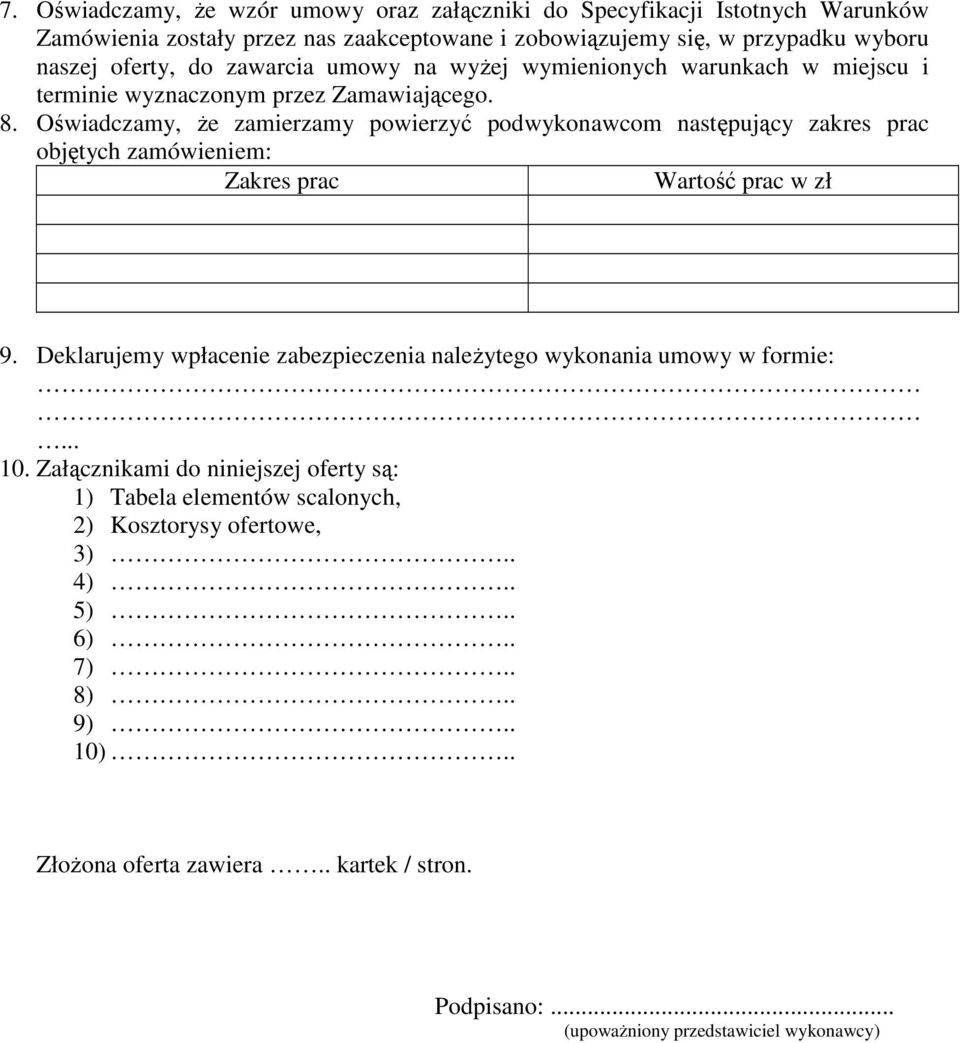 Oświadczamy, Ŝe zamierzamy powierzyć podwykonawcom następujący zakres prac objętych zamówieniem: Zakres prac Wartość prac w zł 9.