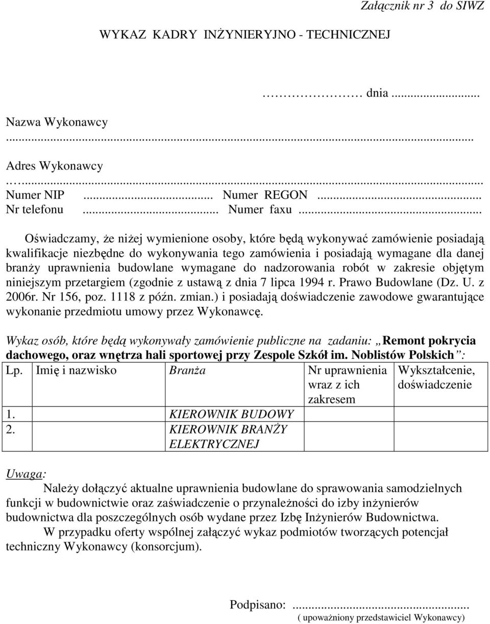 wymagane do nadzorowania robót w zakresie objętym niniejszym przetargiem (zgodnie z ustawą z dnia 7 lipca 1994 r. Prawo Budowlane (Dz. U. z 2006r. Nr 156, poz. 1118 z późn. zmian.