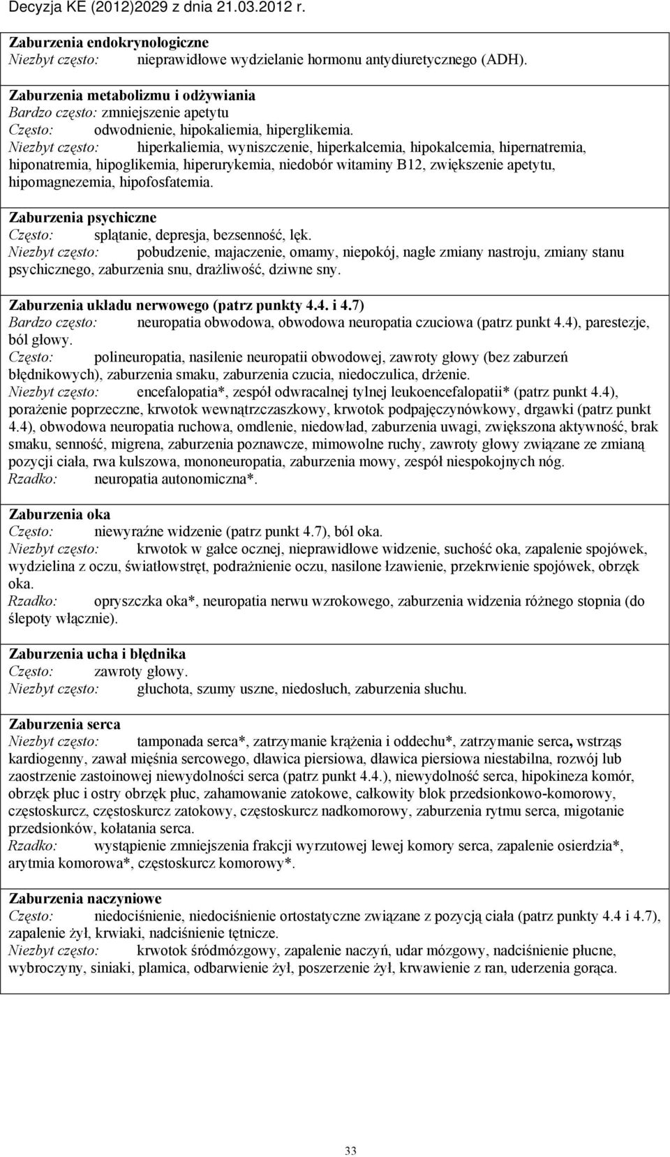 Niezbyt często: hiperkaliemia, wyniszczenie, hiperkalcemia, hipokalcemia, hipernatremia, hiponatremia, hipoglikemia, hiperurykemia, niedobór witaminy B12, zwiększenie apetytu, hipomagnezemia,