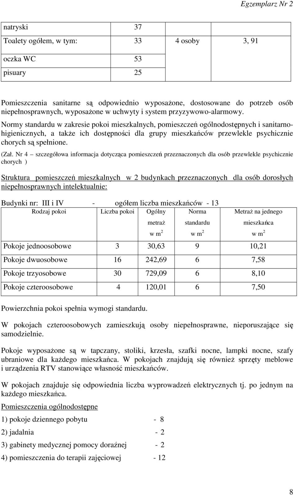 Normy standardu w zakresie pokoi mieszkalnych, pomieszczeń ogólnodostępnych i sanitarnohigienicznych, a także ich dostępności dla grupy mieszkańców przewlekle psychicznie chorych są spełnione. (Zał.