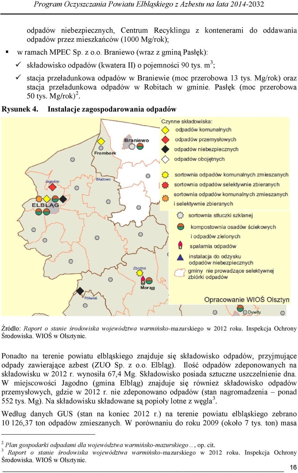 Instalacje zagospodarowania odpadów Źródło: Raport o stanie środowiska województwa warmińsko-mazurskiego w 2012 roku. Inspekcja Ochrony Środowiska. WIOŚ w Olsztynie.