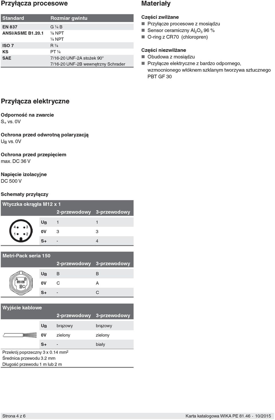 3 96 % O-ring z CR70 (chloropren) Części niezwilżane Obudowa z mosiądzu Przyłącze elektryczne z bardzo odpornego, wzmocnionego włóknem szklanym tworzywa sztucznego PBT GF 30 Przyłącza elektryczne