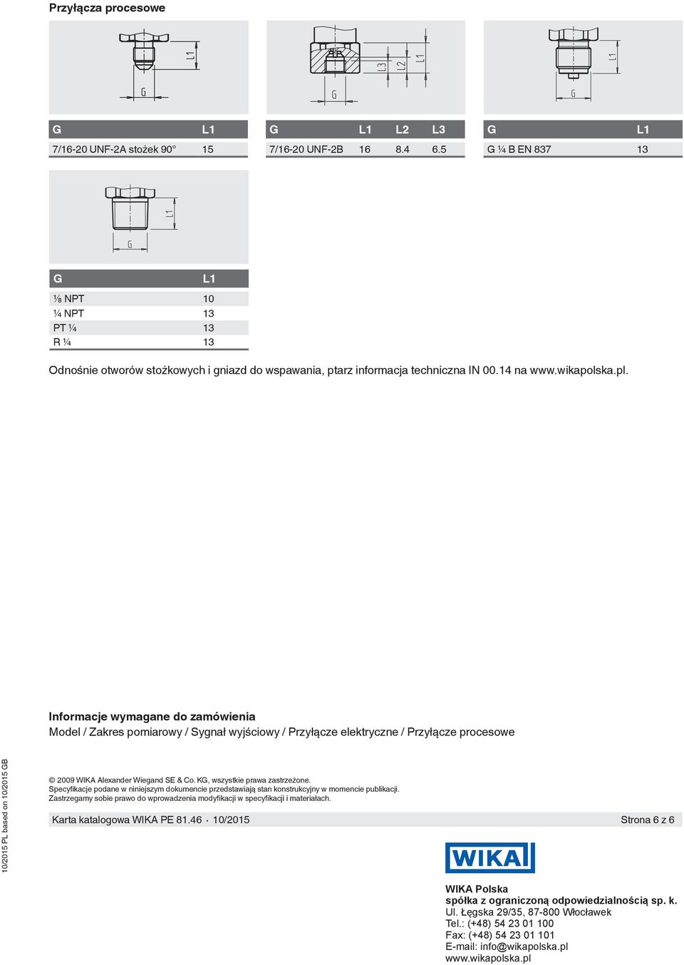 Informacje wymagane do zamówienia Model / Zakres pomiarowy / Sygnał wyjściowy / Przyłącze elektryczne / Przyłącze procesowe 10/2015 PL based on 10/2015 GB 2009 WIKA Alexander Wiegand SE & Co.