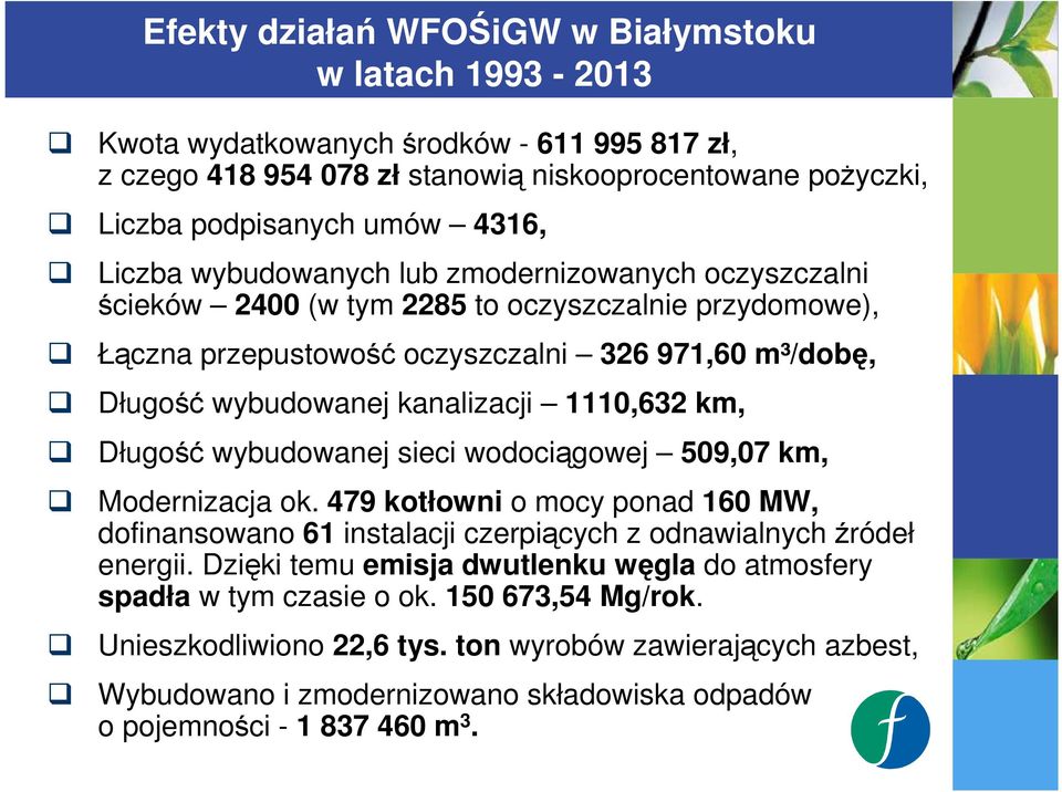 km, Długość wybudowanej sieci wodociągowej 509,07 km, Modernizacja ok. 479 kotłowni o mocy ponad 160 MW, dofinansowano 61 instalacji czerpiących z odnawialnych źródeł energii.